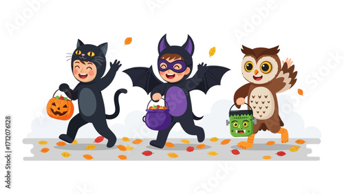 Halloween Trick-or-Treat Trio: A group of children joyfully dressed in Halloween costumes stroll along a street, each carrying a trick-or-treat bag filled with delightful candies and treats.