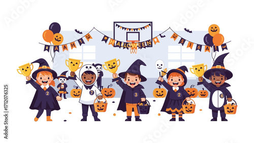 Halloween Celebration: Children in playful costumes, including witches and other fantastic characters, gleefully display their trophies amid a lively Halloween festive atmosphere.