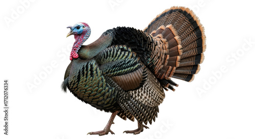Isolated Tom Turkey with Fluffed Feathers, Strutting Wildlife Bird of American Native Origin
