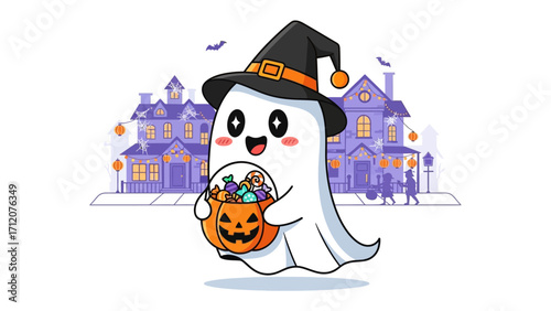 Halloween Ghost with pumpkin basket: A friendly ghost in a pointed hat happily trick-or-treats, carrying a jack-o'-lantern candy bag, bringing the Halloween spirit.