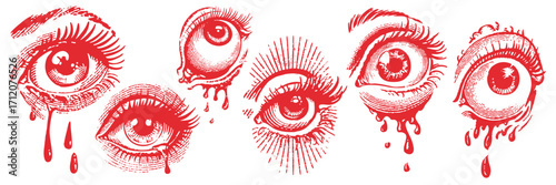 Halloween gory eyeball design element set in vintage sketch horror illustration style