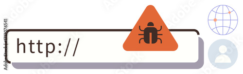 URL bar with a red warning triangle and bug symbol, global network and profile icons. Ideal for internet security, hacking prevention, malware, online safety, data breaches, alerts, simple flat