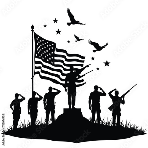 American flag with soldiers saluting and eagles flying