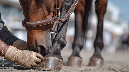 Professional vet checking horse hooves in daylight, ensuring health and safety for animal. scene captures care and expertise