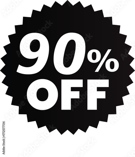 A black starburst seal or sticker graphic indicating a ninety percent off sale or discount.