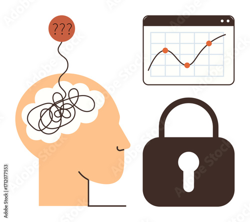 Head with tangled brain, question marks representing confusion line graph with data trend padlock symbolizing security. Ideal for creativity, strategy, analytics, decision-making, technology, mental