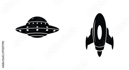 Simple black and white illustration of a spaceship and ufo design
