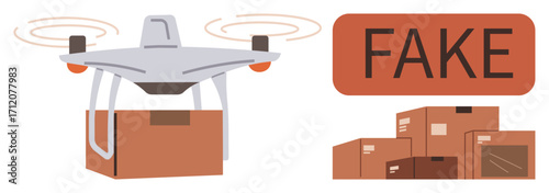 Delivery quadcopter carrying box beside stacked packages labeled fake. Ideal for e-commerce, fraud prevention, technology, logistics, counterfeit goods, ethical trade, simple flat metaphor