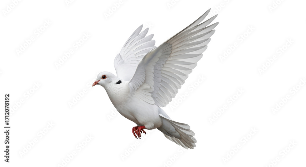 Fototapeta premium Isolated graceful dove in flight, flapping its wings, pure bird, elegance and freedom symbol