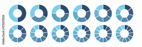 Infographic ring diagram. Doughnut Chart with segments from 2 to 13 segment. Donut graph segmented. Modern Blue gradient pie chart collection. Wheel divided template set