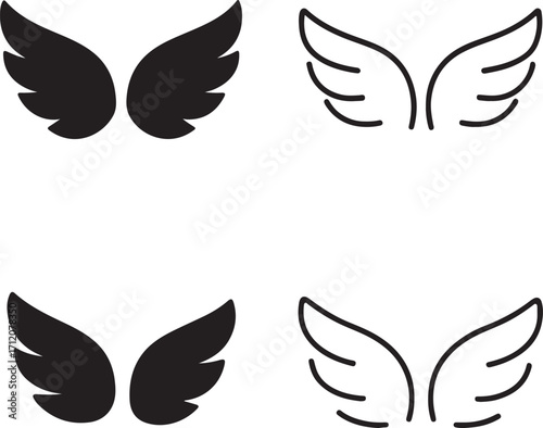 Wings icons, flight icons, solid wings, line wings, filled wings, thin stroke wings, minimal black vector, isolated aviation symbol, editable design