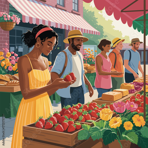 Diverse shoppers select fresh strawberries at a vibrant outdoor market stall farmers market