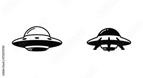 Two black and white illustrations of classic flying saucer spacecraft designs