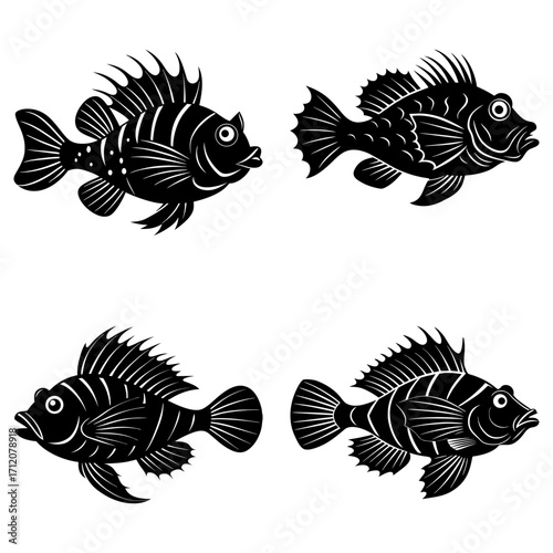 Four silhouette illustrations of fish with spiky fins and detailed tails arranged on a white background