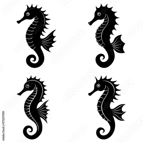 Four seahorses in black silhouette arranged in a square pattern on a white background simple illustration