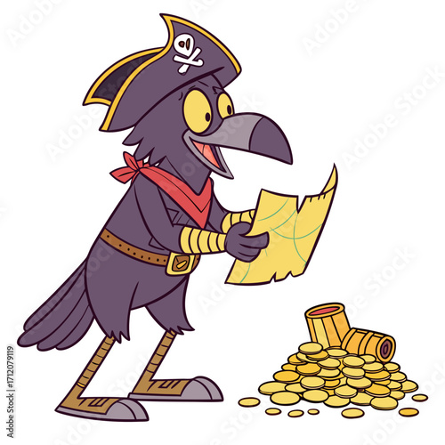 Vector art of a cartoon crow pirate with a treasure map he is standing next to a pile of gold coins and a treasure chest, ready for adventure
