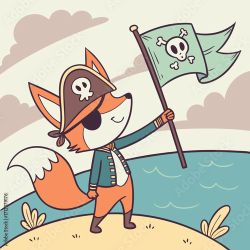 Vector art of a cartoon fox dressed as a pirate stands on a sandy shore, waving a jolly roger flag against a backdrop of sea and cloudy sky illustration