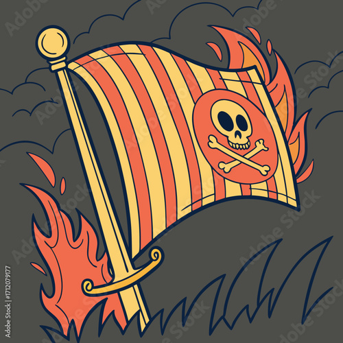 Vector art of a cartoon drawing of a pirate flag on fire, symbolizing destruction and chaos, perfect for conveying themes of rebellion, anarchy, or the end of an era