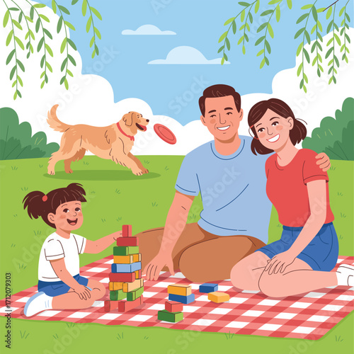 Family and dog having a picnic in a park, playing with blocks and a frisbee vector