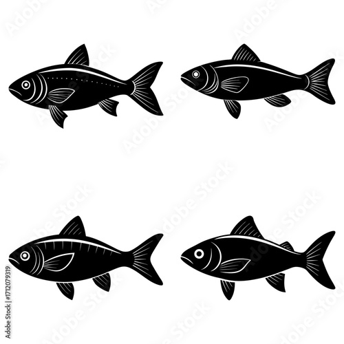 Illustration of four black fish with different fin designs swimming in various directions on a white background