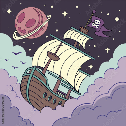 Vector art of a cartoon pirate ship sails through the clouds, beneath a starry sky and a whimsical planet, embarking on a cosmic voyage
