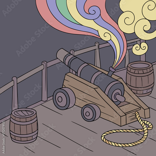 Vector art of a colorful illustration of a cannon firing a rainbow blast, creating a whimsical and imaginative scene with barrels and a coiled rope on a wooden deck
