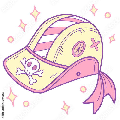 Vector art of a cute cartoon pirate hat with a skull and crossbones, decorated with stars and ribbons