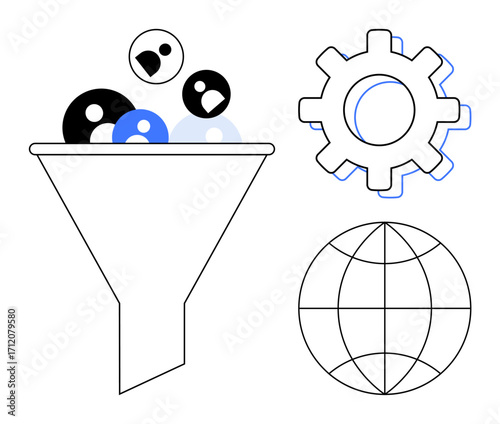 Funnel with diverse elements, gear symbolizing operation, and globe for global reach. Ideal for data analysis, system integration, automation, business strategy, globalization, optimization