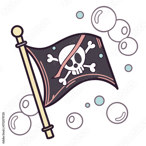 Vector art of a pirate flag with a skull and crossbones surrounded by bubbles, , evokes a sense of underwater adventure and mystery
