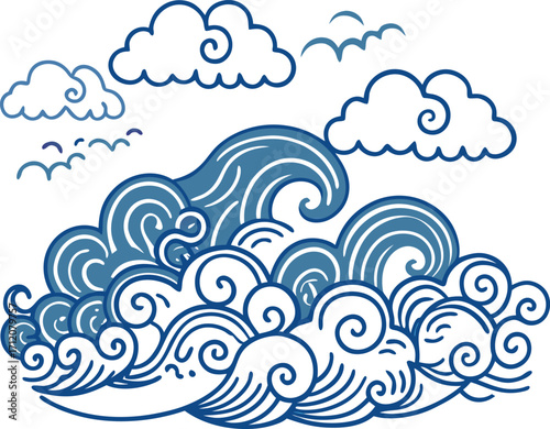 Oceanic Whispers: Depicting a stylized view of the ocean's embrace, where swirling waves, captured in deep blues, gracefully mingle with a fluffy cloud formation.