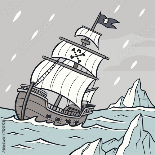 Vector art of a pirate ship sails through icy waters, braving a storm near icebergs, with a skull and crossbones flag flying high in this dramatic illustration
