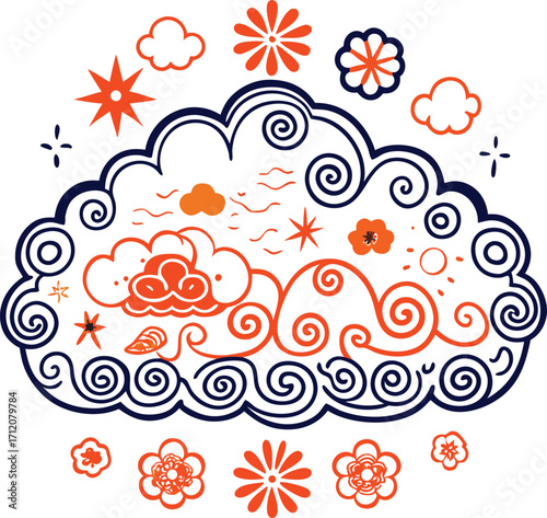 Whimsical Cloudscape Illustration: An artistic illustration of a serene cloudscape, featuring intricate swirls, stars, and blossoms in an artistic, imaginative, and delicate style.