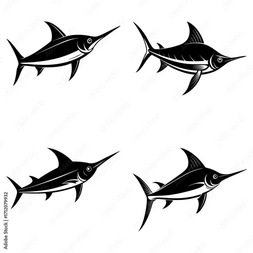 Fototapeta premium Four stylized black and white swordfish facing different directions on a white background are displayed