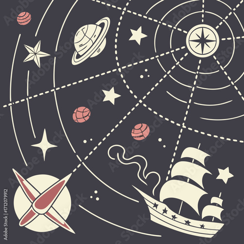 Vector art of a stylized illustration of a celestial map featuring planets, stars, a sailing ship, and navigational lines, evoking a sense of exploration and cosmic adventure