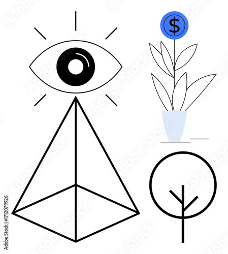 Geometric pyramid under an eye, plant with a dollar sign, and simplified tree design. Ideal for growth, vision, opportunity, investment potential, nature simplicity and sustainability. Minimalist