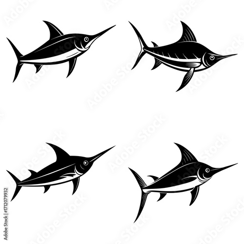 Four stylized black and white swordfish facing different directions on a white background are displayed