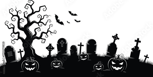 Spooky Halloween graveyard scene with carved pumpkins and bats flying under a gnarled tree