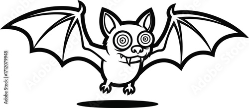 Whimsical cartoon bat with dizzy spiral eyes and outstretched wings.