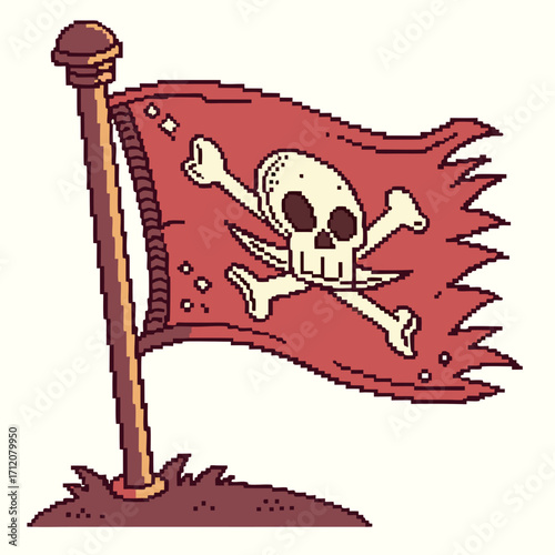 Vector art of a tattered pirate flag with a skull and crossbones waving in the wind, symbolizing danger, adventure, and the rebellious spirit of seafaring rogues