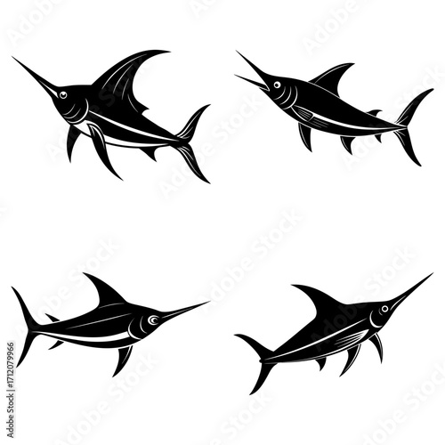Four black and white stylized swordfish swimming in different directions on a white background design art