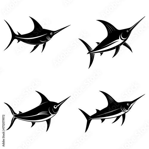 Four black and white marlin fish illustrations with pointed bills and dorsal fins swimming in different directions