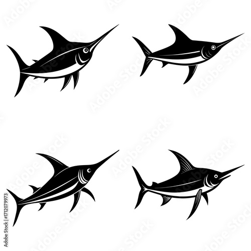 Four stylized black and white marlin fish illustrations swimming in different directions on a white background