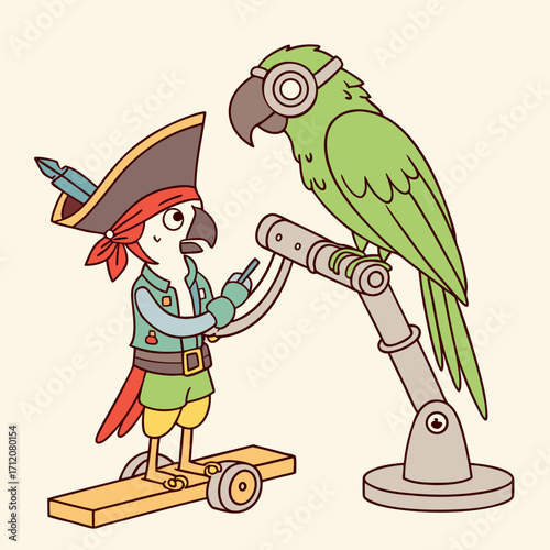 Vector art of a whimsical illustration featuring a pirate parrot standing on a wooden plank with wheels, looking through a telescope at another parrot perched on a robotic stand