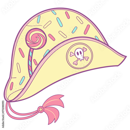 Vector art of a whimsical pirate hat decorated with candy sprinkles and a lollipop, featuring a cute skull and crossbones emblem