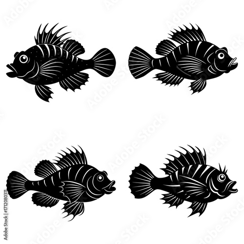 Four stylized black fish with detailed fins and tails swimming in different orientations on white background