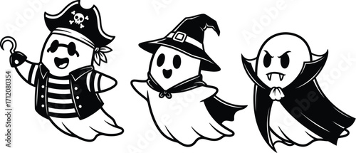Three cute cartoon ghosts in Halloween costumes: pirate, witch, and vampire.