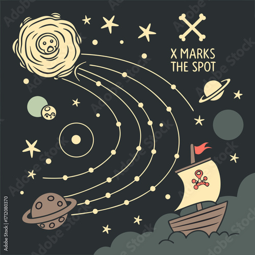 Vector art of a whimsical spacethemed pirate treasure map illustration featuring planets, stars, and a pirate ship sailing through the cosmos, with x marks the spot