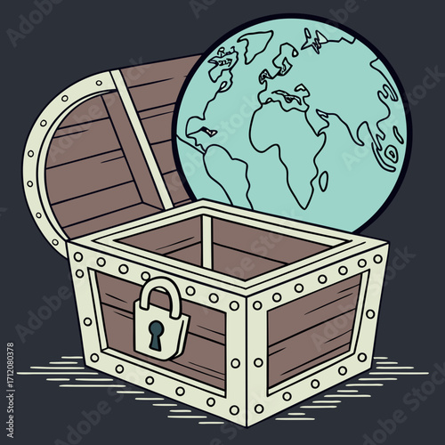 Vector art of an illustration of an open treasure chest with a padlock, revealing a world globe inside, symbolizing discovery, exploration, and the treasures of knowledge