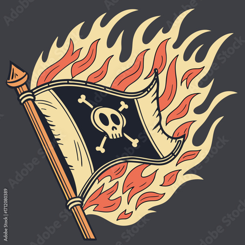 Vector art of an eyecatching illustration of a pirate flag engulfed in flames, featuring a skull and crossbones emblem against a dark backdrop on a light background