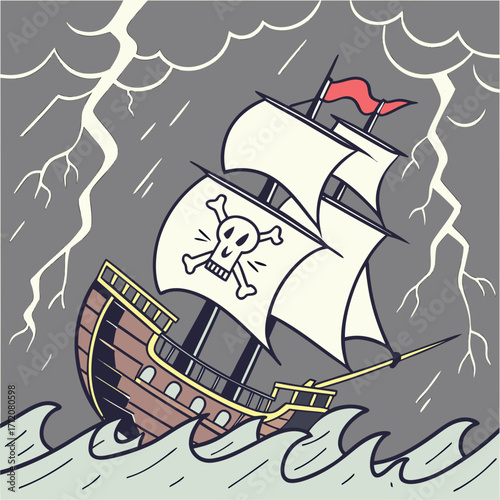 Vector art of pirate ship sailing in a storm with lightning strikes, creating a dramatic and adventurous scene for nautical and historical themes
